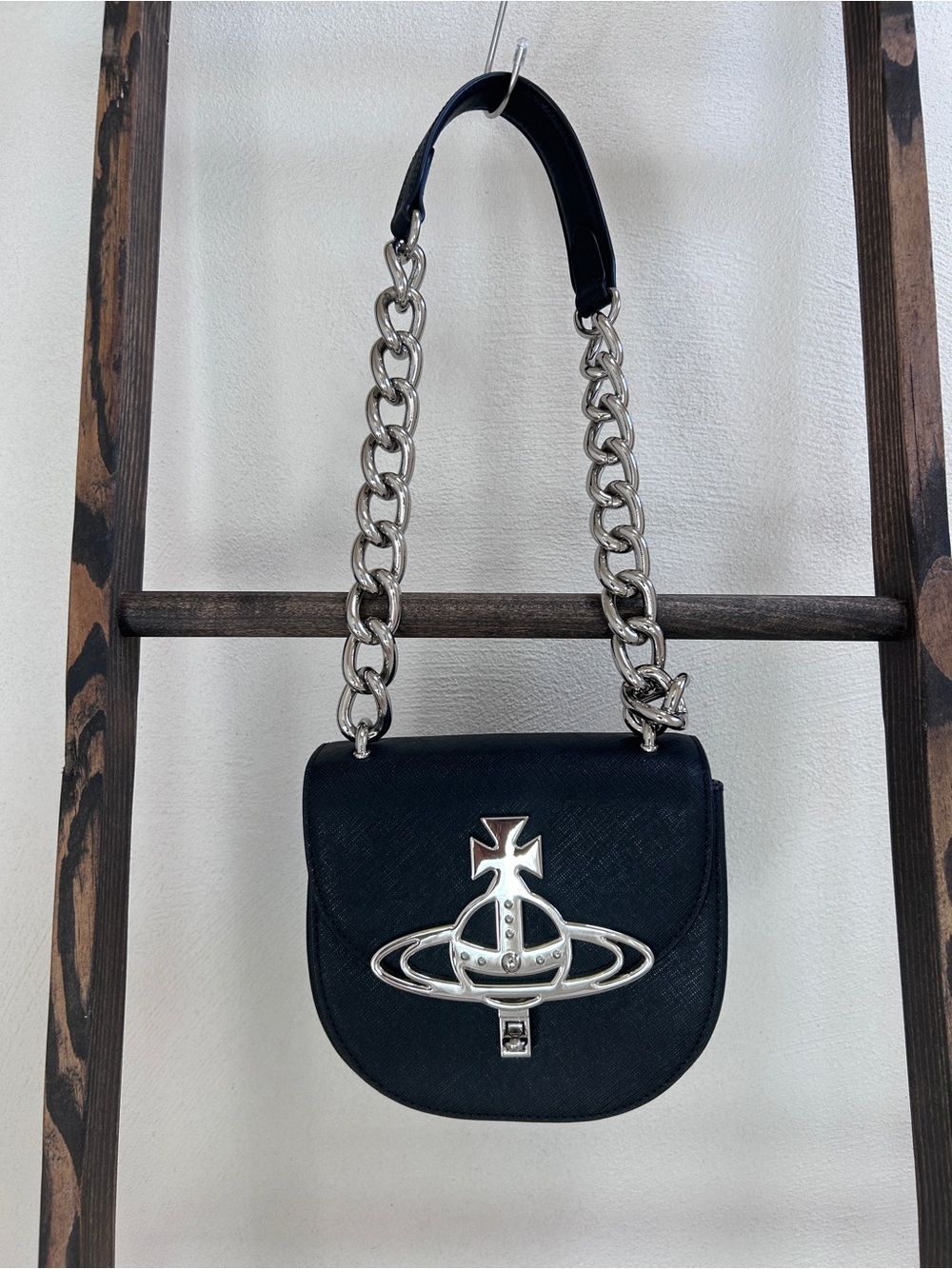 Vivienne Westwood Black Mini Sofia Saddle Bag with Silver Orb Hardware